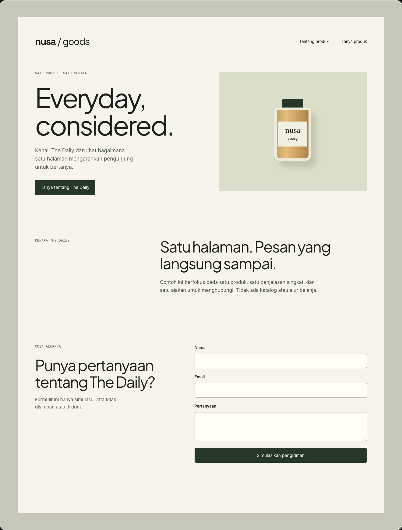 Contoh tampilan halaman produk Nusa Goods, proyek demonstrasi